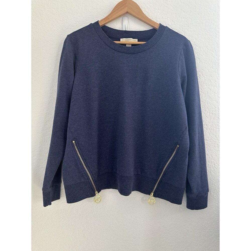 MICHAEL Michael Kors Crew Neck Pullover Sweatshirt Women's‎ L Blue Gold Zip Soft